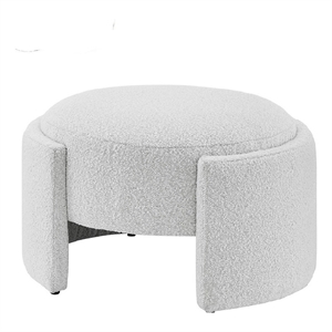 Pemberly Row Round Modern Polyester Fabric Ottoman in Boucle Beige