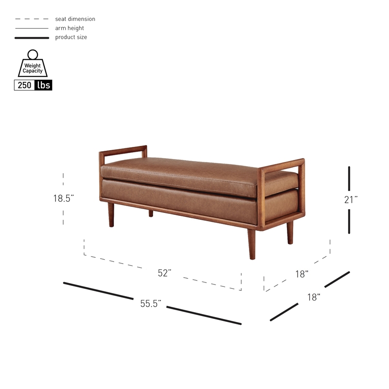 Pemberly Row Mid-Century Faux Leather Bench in Vintage Cider Brown