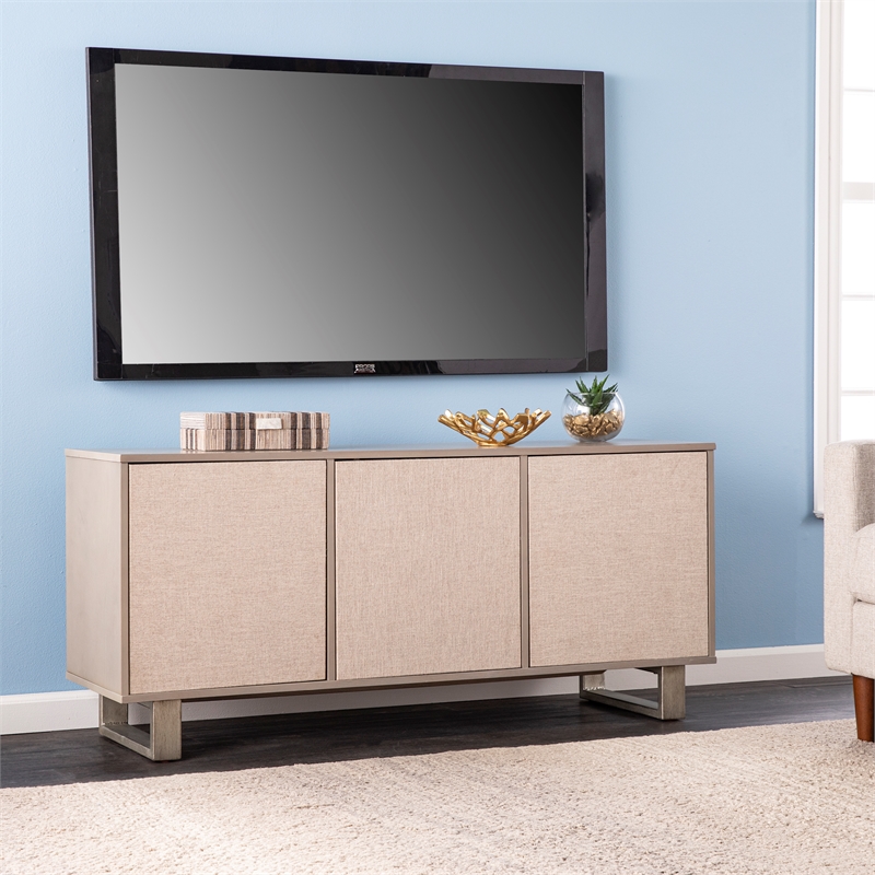 Pemberly Row Modern Wood Iron Linen TV/Media Console in Gray