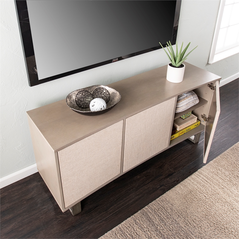 Pemberly Row Modern Wood Iron Linen TV/Media Console in Gray