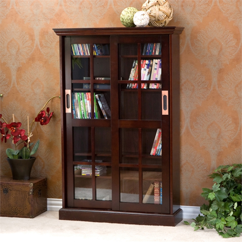 Pemberly Row Sliding-Door Wood Glass Window-Pane Media Cabinet in Brown