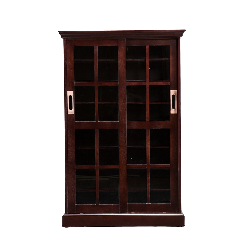 Pemberly Row Sliding-Door Wood Glass Window-Pane Media Cabinet in Brown