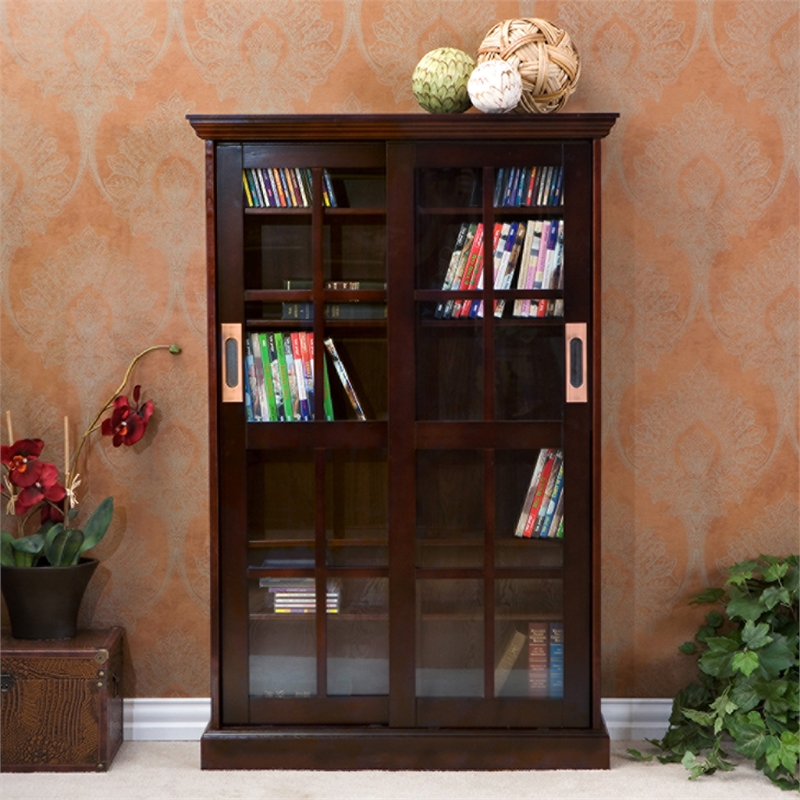 Pemberly Row Sliding-Door Wood Glass Window-Pane Media Cabinet in Brown