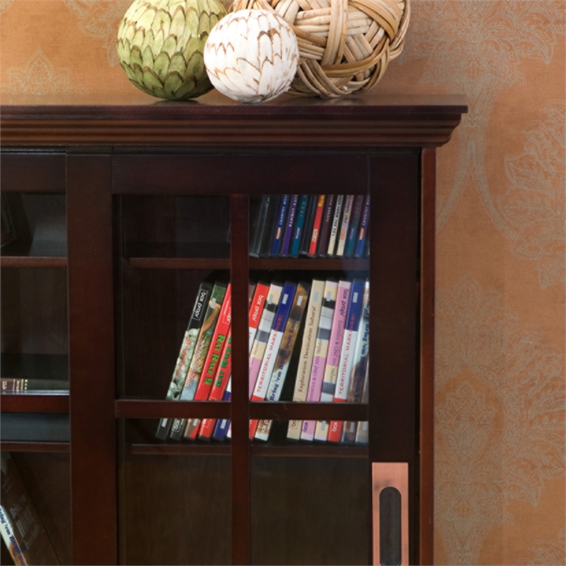 Pemberly Row Sliding-Door Wood Glass Window-Pane Media Cabinet in Brown