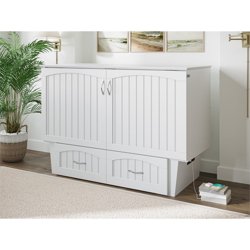 Pemberly Row Full Size Murphy Bed Chest with Mattress & Built-in Charger - White