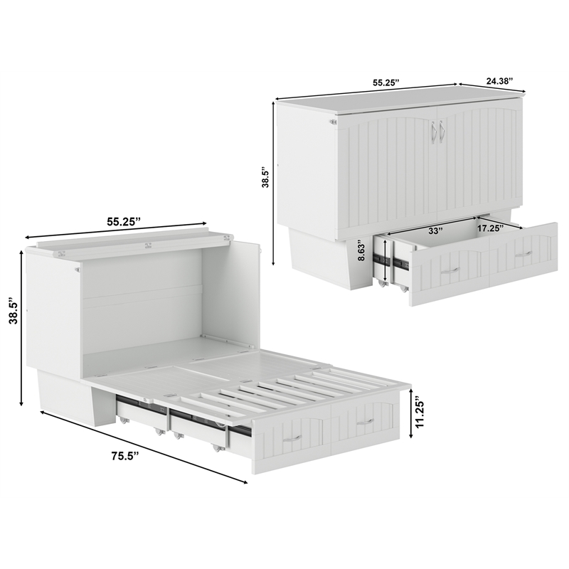 Pemberly Row Full Size Murphy Bed Chest with Mattress & Built-in Charger - White