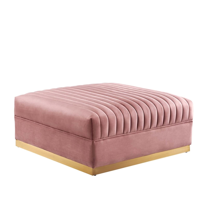 Pemberly Row Velvet and Stainless Steel Ottoman in Dusty Rose