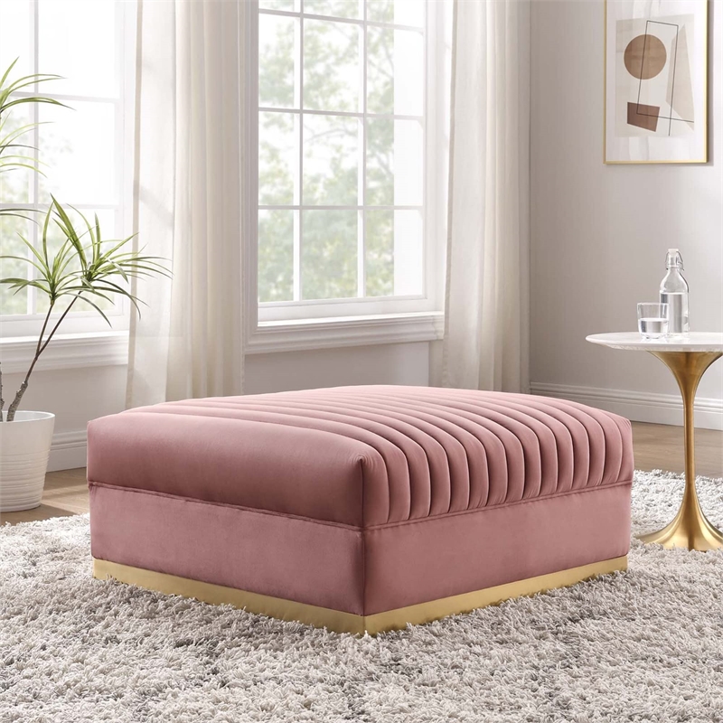 Pemberly Row Velvet and Stainless Steel Ottoman in Dusty Rose