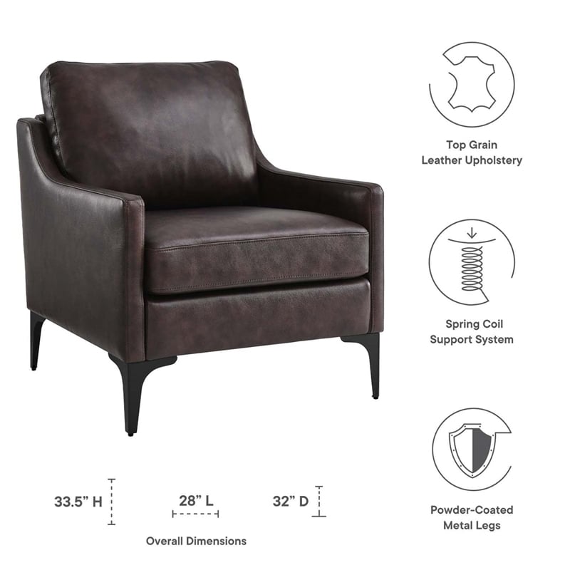 Pemberly Row Modern Style Leather and Metal Armchair in Brown
