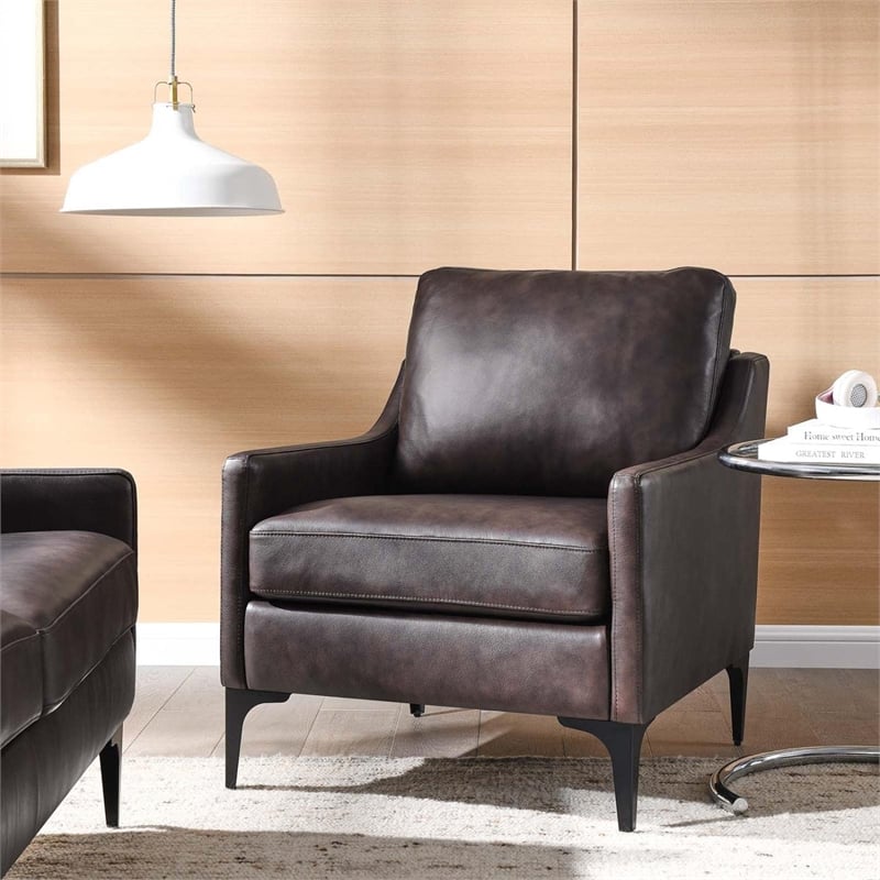 Pemberly Row Modern Style Leather and Metal Armchair in Brown