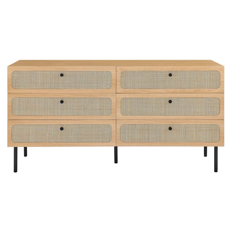 Pemberly Row 6-Drawer Particleboard and Rattan Dresser in Oak
