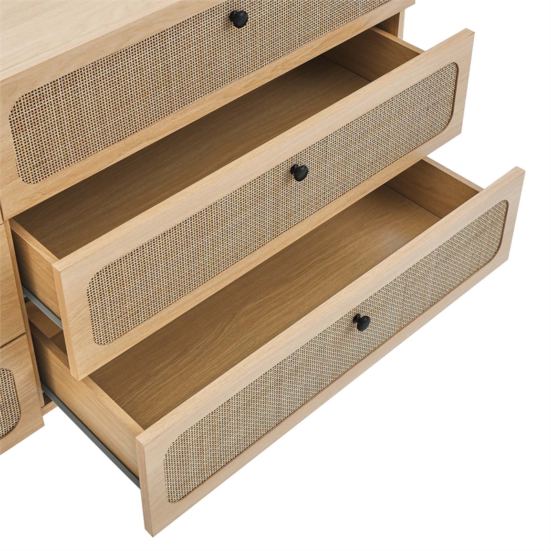 Pemberly Row 6-Drawer Particleboard and Rattan Dresser in Oak