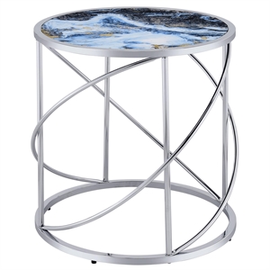 Pemberly Row Contemporary Metal/Marble End Table in Blue Print and Chrome