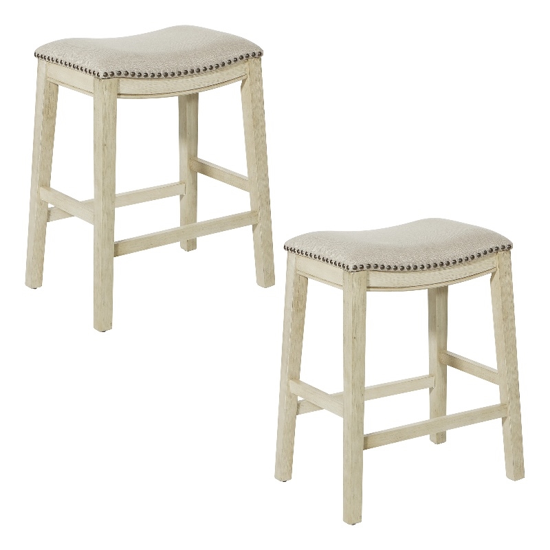 Pemberly Row Saddle Stool Beige Fabric & Antique White Base & Nailheads 2 Pack