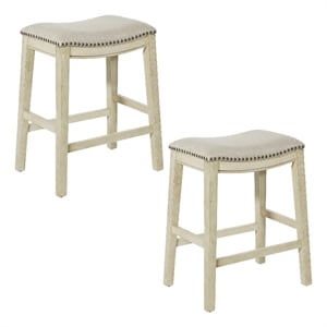 Pemberly Row Saddle Stool Beige Fabric & Antique White Base & Nailheads 2 Pack