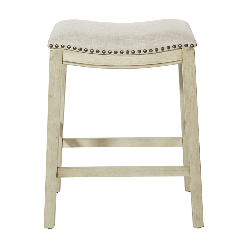 Pemberly Row Saddle Stool Beige Fabric & Antique White Base & Nailheads 2 Pack