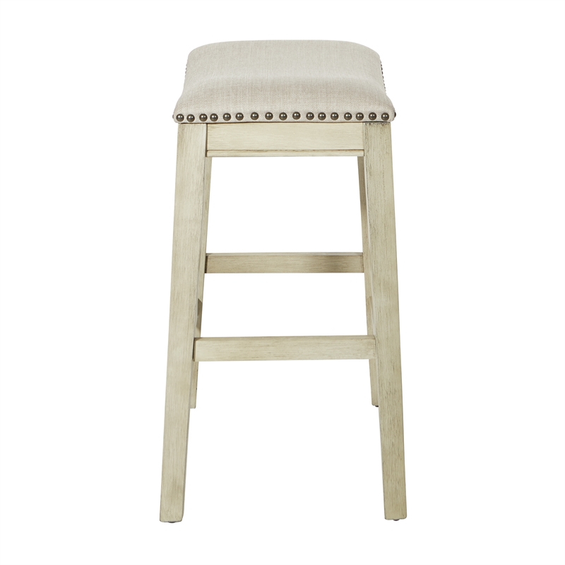 Pemberly Row Saddle Stool Beige Fabric & Antique White Base & Nailheads 2 Pack