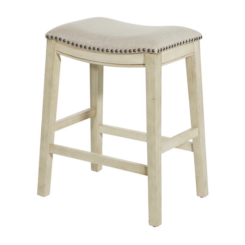 Pemberly Row Saddle Stool Beige Fabric & Antique White Base & Nailheads 2 Pack