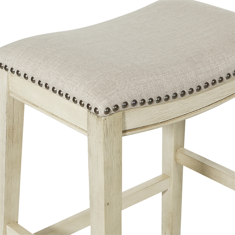 Pemberly Row Saddle Stool Beige Fabric & Antique White Base & Nailheads 2 Pack