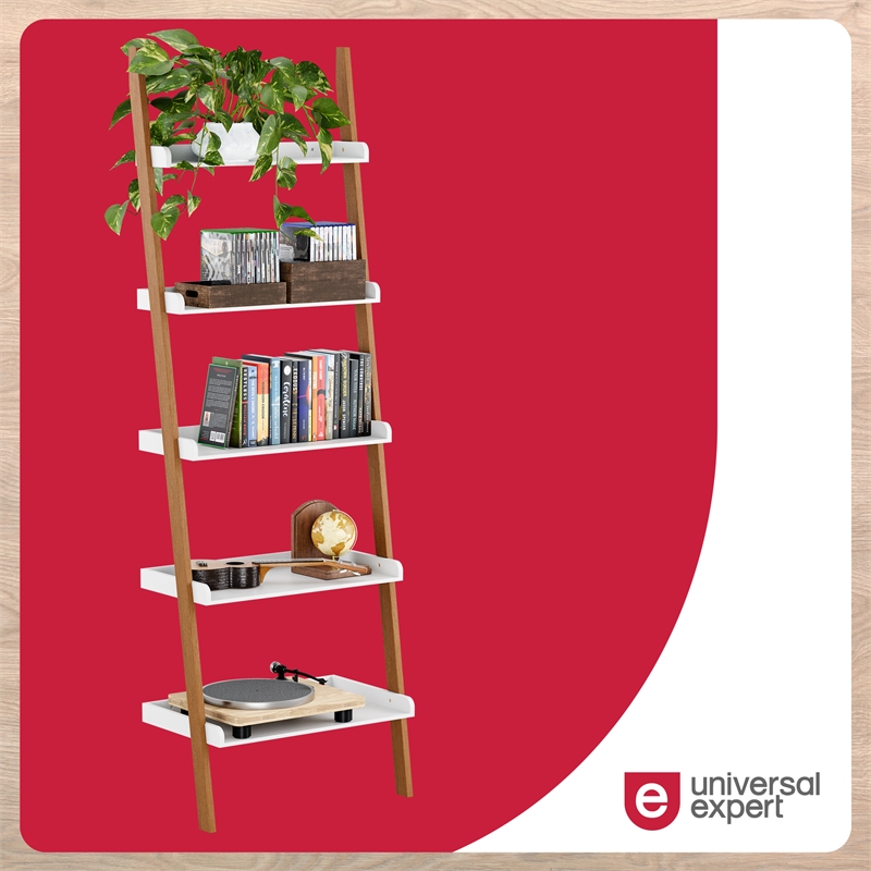 Pemberly Row Modern / Contemporary Ladder Bookshelf Oak and White