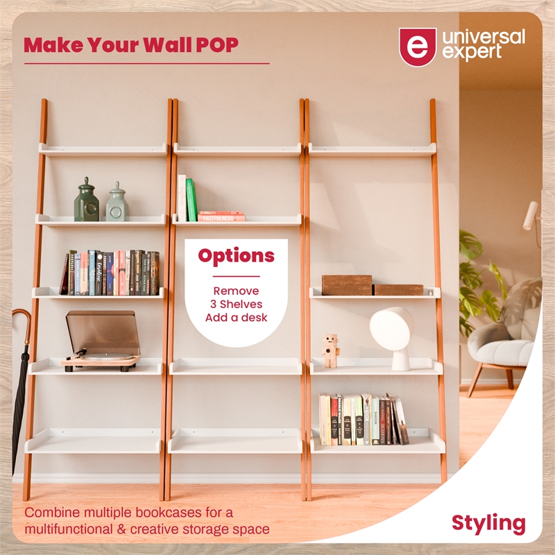 Pemberly Row Modern / Contemporary Ladder Bookshelf Oak and White