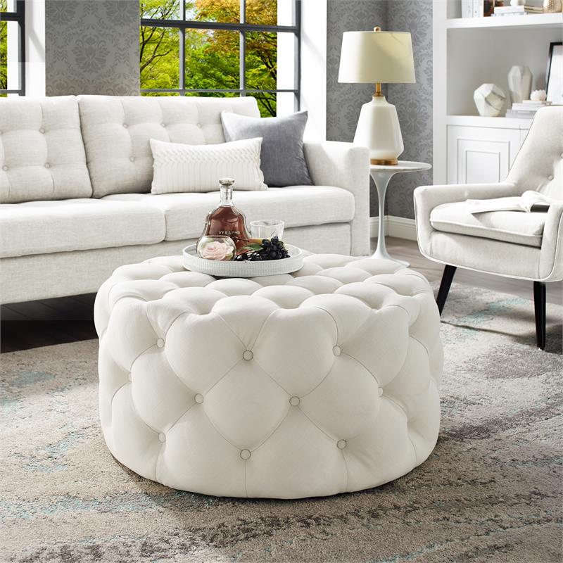 Pemberly Row Modern Linen Fabric Cocktail Ottoman in Cream/White