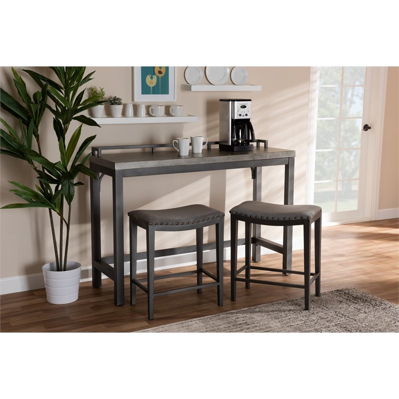 Pemberly Row Gray Upholstered 3-Piece Metal Counter Table Set