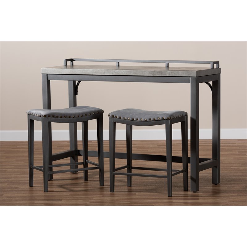 Pemberly Row Gray Upholstered 3-Piece Metal Counter Table Set