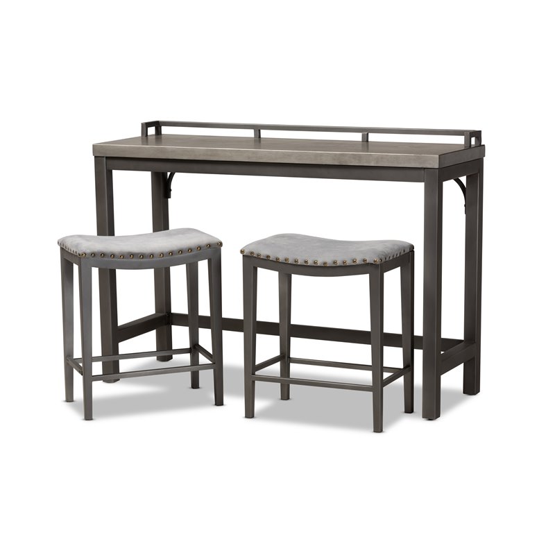 Pemberly Row Gray Upholstered 3-Piece Metal Counter Table Set