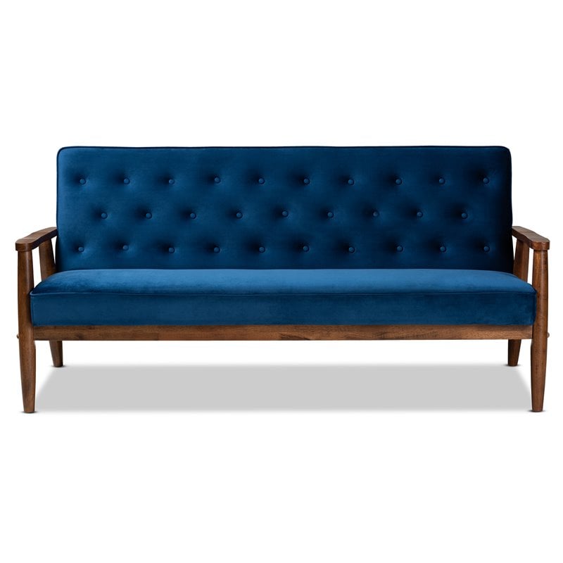Pemberly Row Navy Blue Velvet Upholstered Walnut Wood 3-seater Sofa