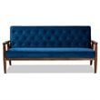 Pemberly Row Navy Blue Velvet Upholstered Walnut Wood 3-seater Sofa