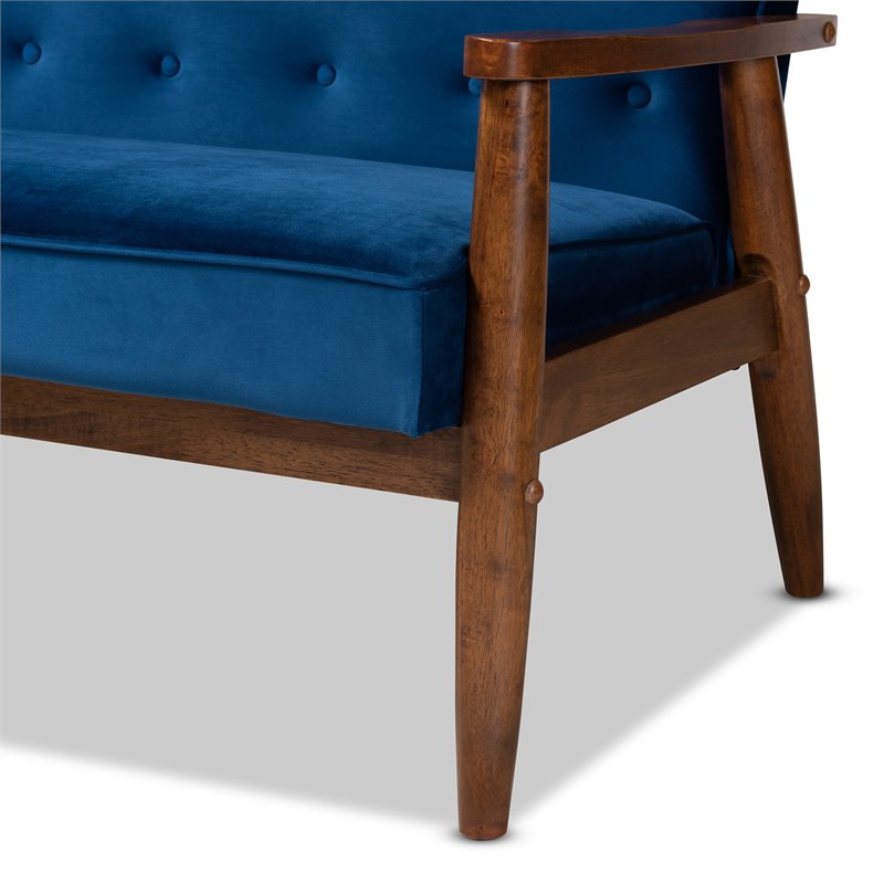 Pemberly Row Navy Blue Velvet Upholstered Walnut Wood 3-seater Sofa