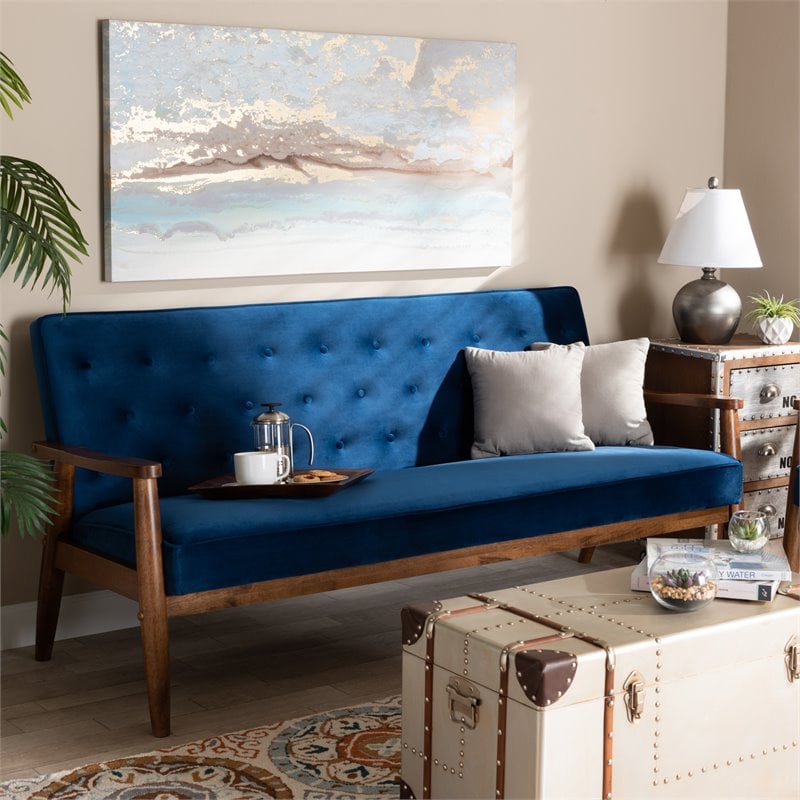 Pemberly Row Navy Blue Velvet Upholstered Walnut Wood 3-seater Sofa
