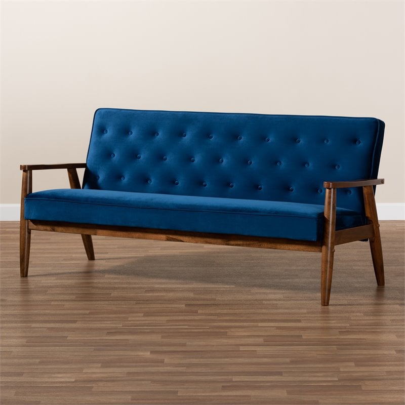 Pemberly Row Navy Blue Velvet Upholstered Walnut Wood 3-seater Sofa