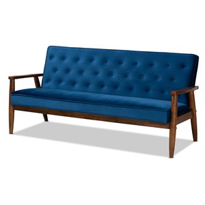 Pemberly Row Navy Blue Velvet Upholstered Walnut Wood 3-seater Sofa
