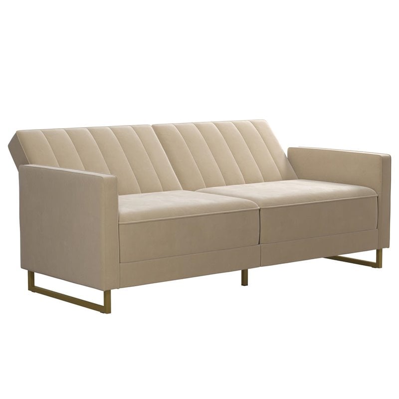 Pemberly Row Coil Futon Modern Sofa Bed and Couch in Ivory Velvet