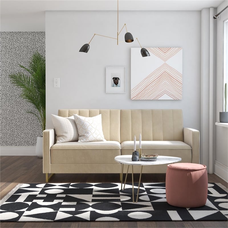 Pemberly Row Coil Futon Modern Sofa Bed and Couch in Ivory Velvet