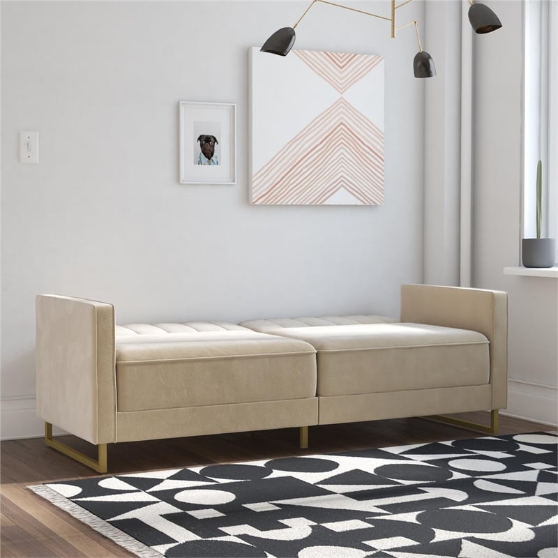 Pemberly Row Coil Futon Modern Sofa Bed and Couch in Ivory Velvet