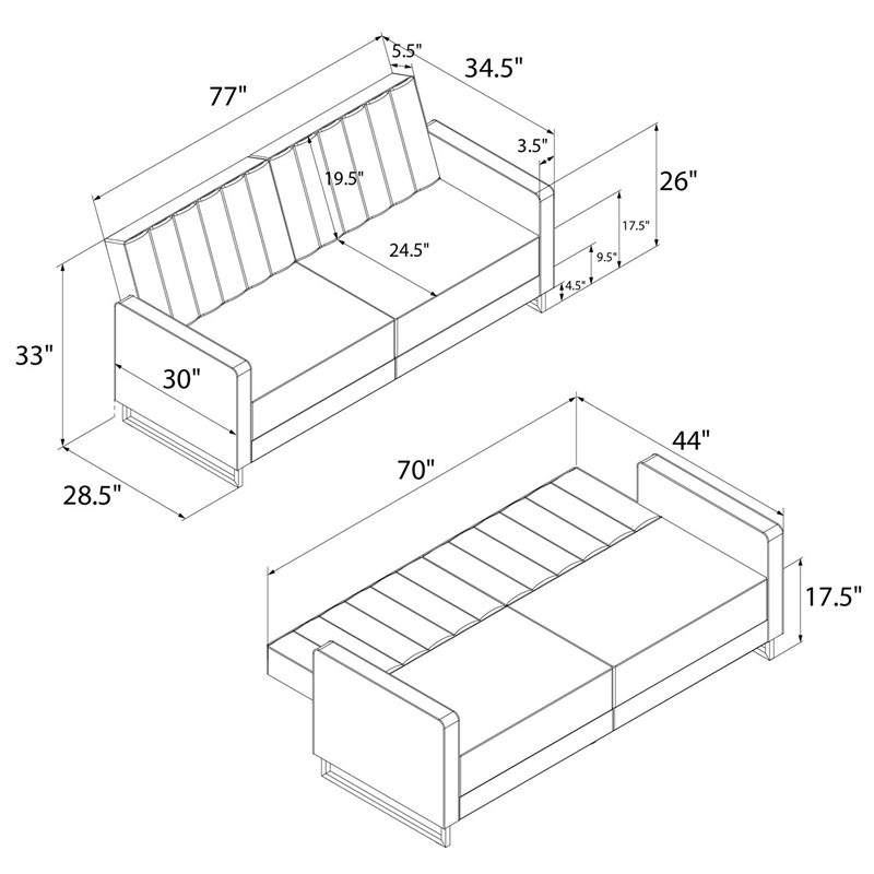 Pemberly Row Coil Futon Modern Sofa Bed and Couch in Ivory Velvet
