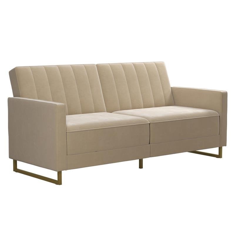Pemberly Row Coil Futon Modern Sofa Bed and Couch in Ivory Velvet
