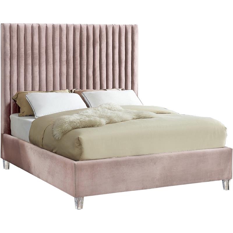 Pemberly Row Modern Solid Wood Tufted Velvet Queen Bed in Pink