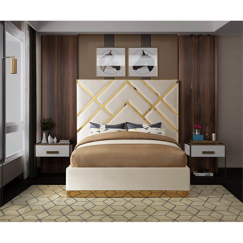 Pemberly Row Contemporary Solid Wood and Velvet King Bed in Cream