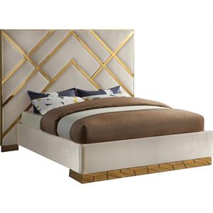 Pemberly Row Contemporary Solid Wood and Velvet King Bed in Cream