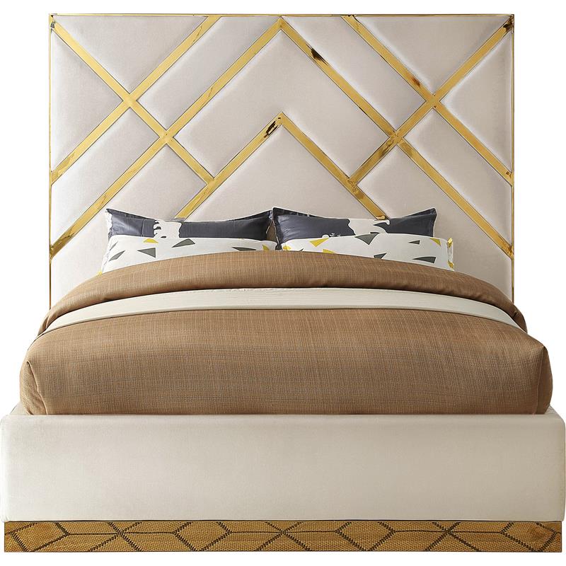 Pemberly Row Modern / Contemporary Rich Velvet Queen Bed in Cream