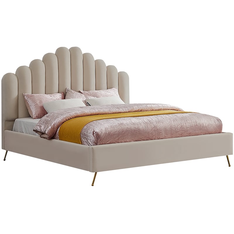 Pemberly Row Modern Solid Wood and Tufted Velvet King Bed in Cream