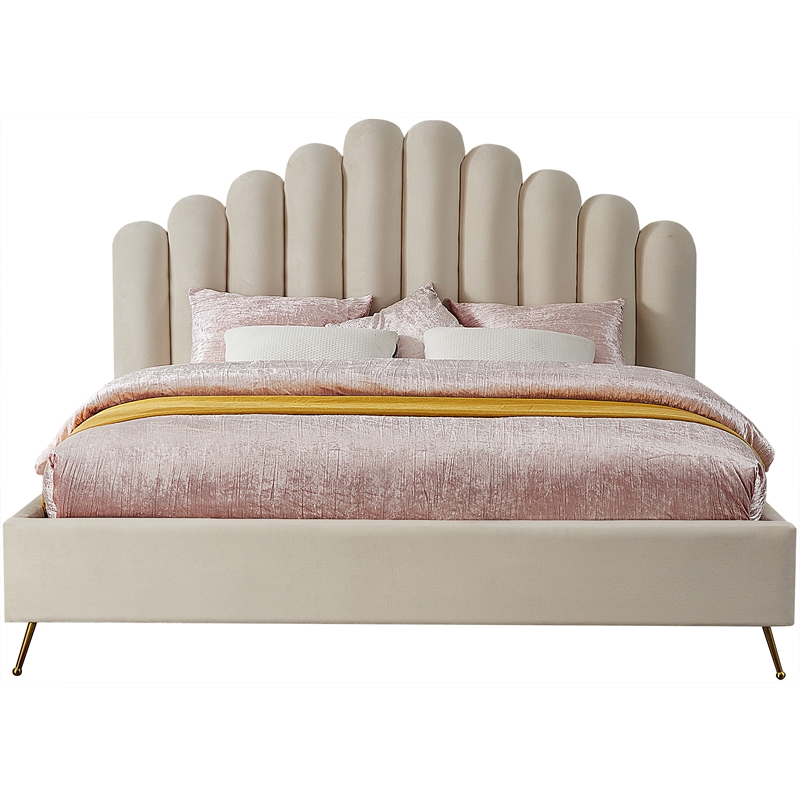 Pemberly Row Modern Solid Wood and Tufted Velvet King Bed in Cream