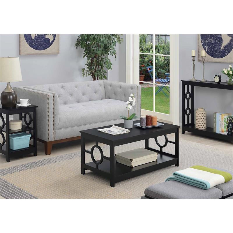 Pemberly Row Ring Coffee Table in Black Wood Finish with Lower Shelf