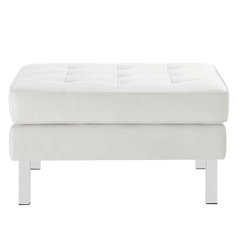 Pemberly Row Tufted Upholstered Faux Leather Ottoman in Silver and White
