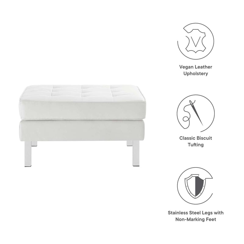 Pemberly Row Tufted Upholstered Faux Leather Ottoman in Silver and White