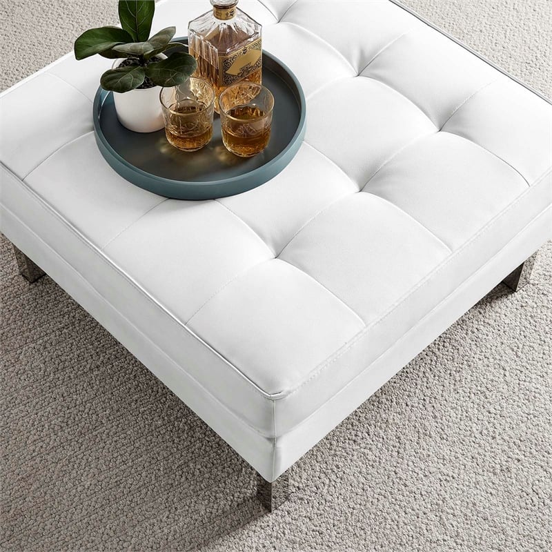 Pemberly Row Tufted Upholstered Faux Leather Ottoman in Silver and White